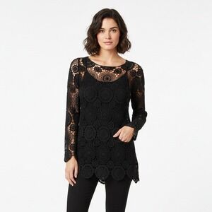 Noble Black Crochet Lace Floral Medallion Tunic‎ Top Long Sleeve S/M